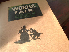 1933 antique CHICAGO WORLD'S FAIR SCRAPBOOK w Maps Tickets Photos Stamps 44pgs picture