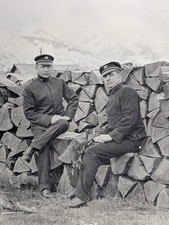 ​Antique RPPC Men in Uniform Peaked Caps Firewood Stack Mountain Views 1907-1914 picture