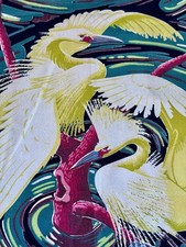RARE 1940’s Egrets on SWIRL Miami Beach Art Deco Birds Barkcloth Vintage Fabric picture