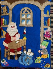 Vintage Large Felt Wall Hanging. Handmade Sequins Beaded Santa With Kids And Toy picture