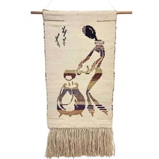 Vintage African Woven Tapestry Woman Cooking Fringe Wool Wall Hanging 39 In picture