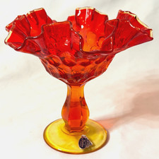 Vintage Fenton Amberina Hobnail Compote Crimped Rim UV Reactive Original Label picture