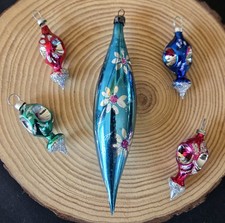 Vintage 6 Thin Teardrop Blue Daisy Plus 4 Miniature VTG Glass Ornaments Poland picture