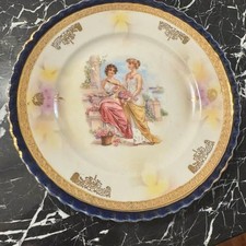 • Antique 1900s German Cobalt Blue Porcelain Portrait Plate - Gold Filigree picture