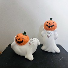 2 Vtg Anthropomorphic Ghosts Ceramic Halloween Figurine Coffee Bar Tiered Tray  picture