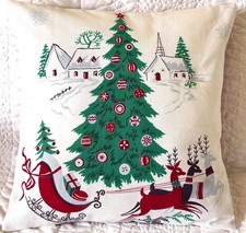 Vintage Christmas Tablecloth Pillow Cover -Big Tree, Sleigh, Reindeer picture