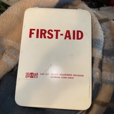 Vintage Metal White First Aid Kit Box Container Carry or Wall Mount GUC 9.5” picture