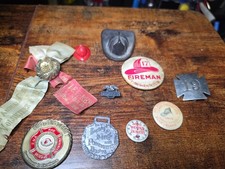 Vintage Fire Fighting Memorabilia Ephemera. Metal Helmet, Pins, Challenge Coin picture