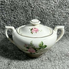Canonsburg Pottery Sugar Bowl Rose Bouquet White Pink 22K Gold Trim Lidded picture