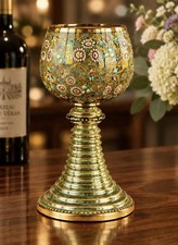 Antique Moser Bohemian Art Glass Goblet Chalice Green Enameled Beehive Stem picture