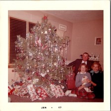 Vintage 1962 Christmas Family Photo Man 2 Girls Dog Presents Tinsel Tree picture