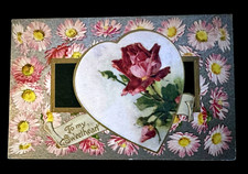 Silk Rose & Flowers in Heart~Antique Embossed Valentine's Day~Postcard~s965 picture
