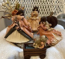 Vintage Nan’s Corn Husk Dolls Fall Thanksgiving Folk Art Harvest Set 1988-1991 picture