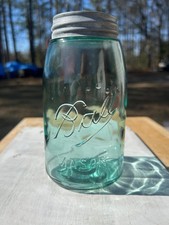 Antique Ball Mason Quart Jar Deep Teal Aqua Underlined Script Zinc Lid 1910-1923 picture