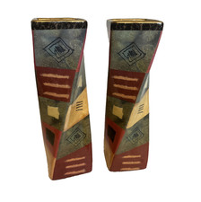 Vintage LaVie Deco Mosaic Vase Swirl Pair, Geometric Twisted Ceramic Vases 90s picture