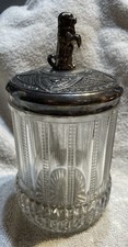 Vintage Cut Glass Canister w Silver Plated Pug Dog Finial Lid 6” Tall picture