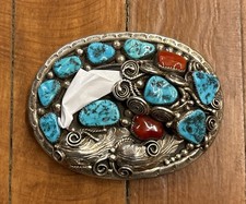 Vintage Native American Turquoise Belt Buckle Sterling Silver Navajo OLD PAWN picture
