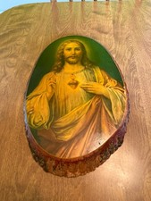Sacred Heart of Jesus Wood Slice Plaque Vintage Devotional Art picture