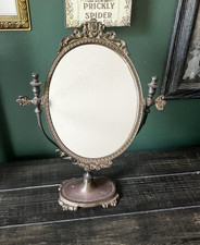 Vintage Ornate Brass Tabletop Vanity Mirror Swivel Goth Dark Academia Decor picture