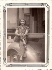 Vintage 1939 Photograph Woman Posing on Car Fender Lake Okoboji My Wife Sepia picture