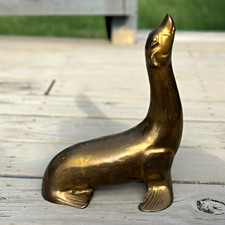 Vintage Large Solid Brass Seal Sea Lion Figurine 11