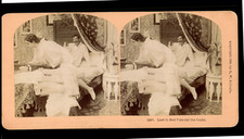 Woman extinguishing a lamp, ca.1880, stereo print d'era 10.5x18  picture