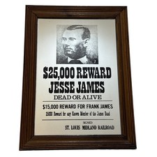 VTG Wanted Poster Jesse James $25,000 Reward Mirror Framed Bar Sign 18.5”x 13.5” picture