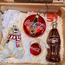 Kurt Adler Coca-Cola Glass Ornament Set in Wooden Crate 1996 picture