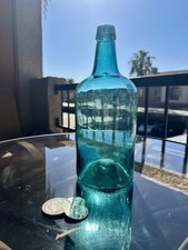 Antique 1850's Demijohn Utility Bottle UBER RARE Teal Aqua Blue Open Pontil Blob picture