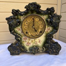 Antique 1903 Wm L Gilbert ?? No 244 Porcelain Mantel Clock Green Floral picture