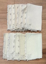 11 Antique/VTG Ecru Heavy Weight Linen Luncheon Napkins Hand Embroidered 10x16 picture
