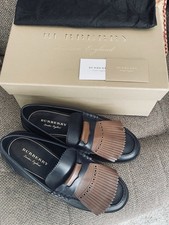 Burberry Kiltie Bedmoore Fringe Leather Loafers Navy/ Brown 43.5 Fits US 10.5 picture