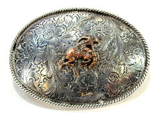 Vintage Fleming Sterling Silver Bucking Bronco Cowboy Rodeo Belt Buckle 87.1g picture