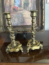 Antique Dragon Mythology Candlestick Set of 2 Brass Statue Figure Candle Holder picture
