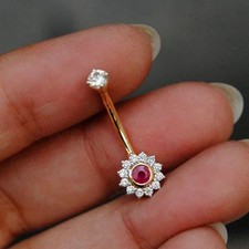 14g Floral Diamond & Ruby Floating Belly Bar Button Ring 14k Yellow Gold Plated picture