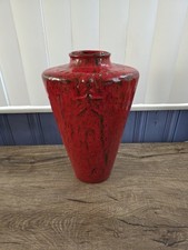 VTG Red Drip Glaze Ceramic Vase – 14” Tall – Textured Floral Relief – Mid-Centur picture