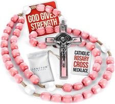 Catholic Rosary Necklace Wooden Beads God Gives Strength Pink White Silver picture
