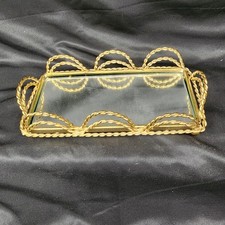 Vtg Mirrored Gold Tone Vanity Dresser Tray Rope Hollywood Regency picture