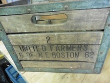 Rare Vtg UNITED FARMERS OF NE BOSTON MA. Milk Crate wood box metal 1962 picture