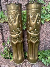 Pair WWII Trench Art Vases 75MM M18 Shell Casings 1942 1943 Vrede 1945 Peace Dov picture
