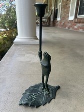 STANDING FROG Looking Up Lilly Pad 12” Single Candle Holder Patina Verdigris picture