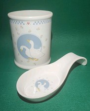 Vintage Moonlight Ten Strawberry Street Goose Utensil Holder and Spoon, Rare picture