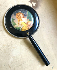 Vintage Round Hand Mirror w/ Painted Lady Portrait Insert, Black Handle Metal picture