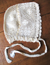 ANTIQUE Ivory Crocheted BABY / TODDLER BONNET Ribbons Hat Vintage picture