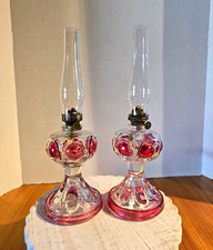 Pair of Vintage Kings Crown Ruby Flash Miniature Oil Lamps-Tiffin Glass Bullseye picture