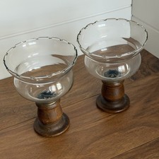VTG Etched Glass Wheat Hurricane Candle Holders Wood Cottagecore Prairie Rustic picture