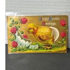 Vintage Easter Postcards 1911 Chick Red Clover Embossed Rabbits Gold Accents 2pc picture
