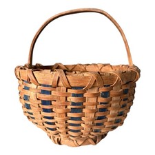Vintage Handwoven Split Oak Buttocks Gathering Basket with Blue Accent picture