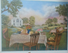 FRAMED ART PRINT, CHURCH PICNIC SCENE , TRANQUIL ,NEAR MINT, ,FREE SHIPPING picture