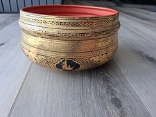  Vtg Burmese gold-leaf design lacquered offering bowl Fleaturing 